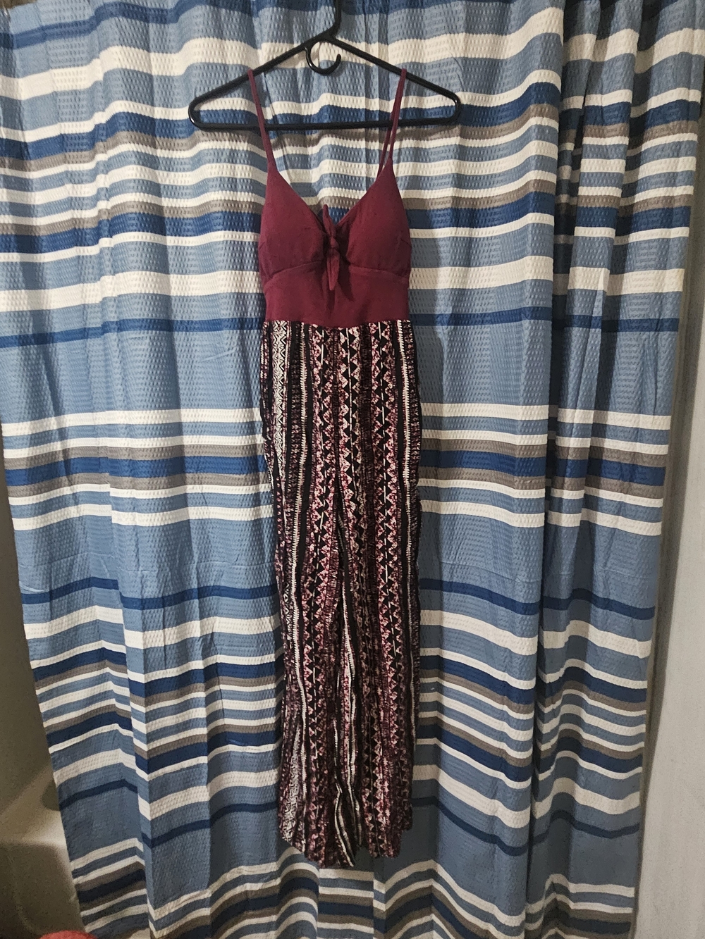 Sleeveless Burgundy Patterned Wide-Leg Jumpsuit with Front Tie
